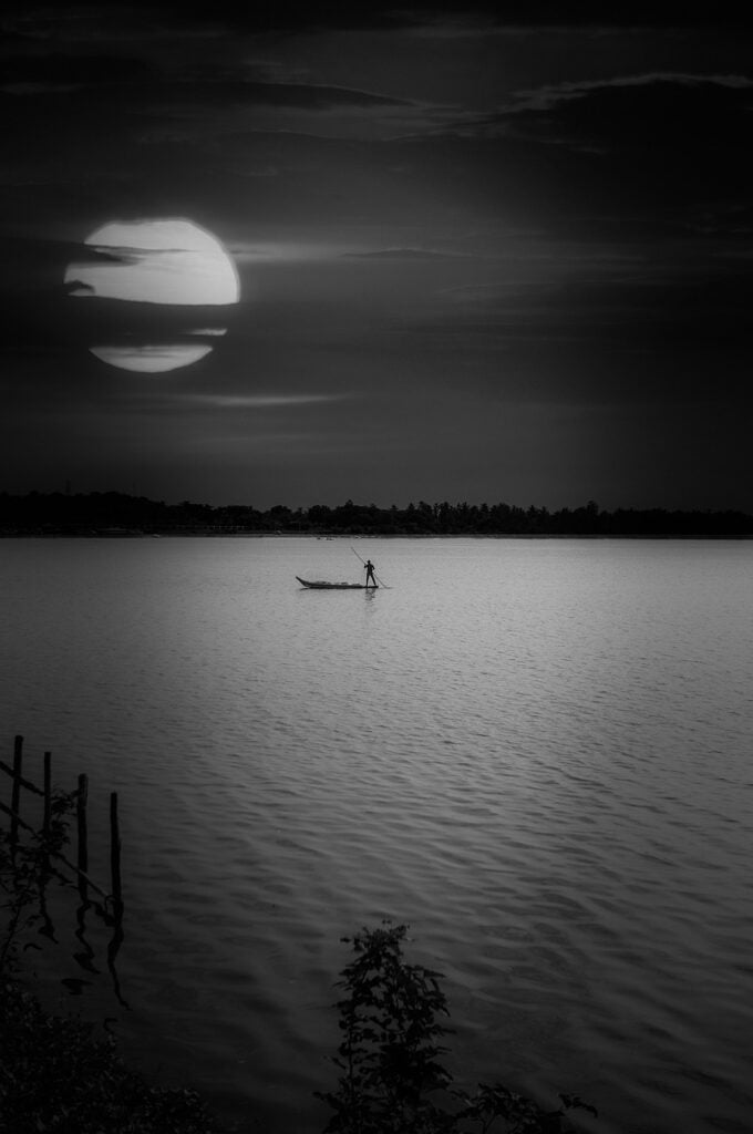 sea, night, full moon, Puducherry